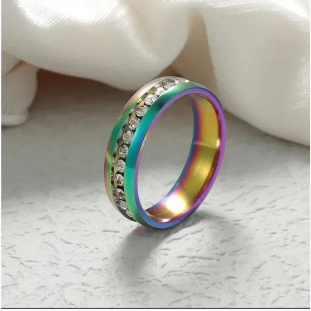 New Stainless Steel Rainbow Zircon Row Ring